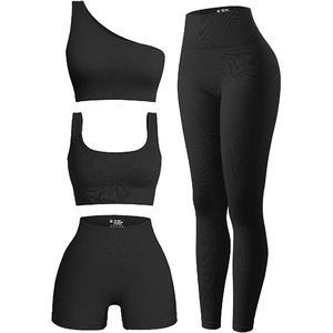 Ensemble de 4 pièces pour femmes, vêtements en gros, exercice côtelé, col rond, soutien-gorge de sport, haut à une épaule, taille haute, short, Leggings, ensemble actif - Product Image 2