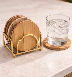 Solid wood <b>coaster</b> set Acacia wood <b>coasters</b> Wooden <b>coasters</b> with metal holder <b>Gold</b> metal <b>coaster</b> holder Rustic wooden <b>coaster</b> - Product Image 4