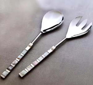 Minimalist Unique Style Silver Glossy Finished Steel Metal Salad <b>Server</b> with Gold Handle Wedding Mirrored Flatware Set - Product Image 5