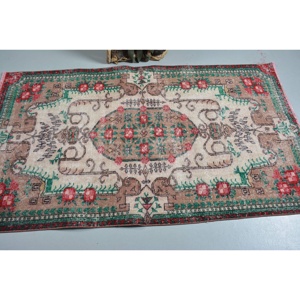 Tapis Vintage en Laine Turque de 3.8x6,5 pieds Patchwork Rouge et Vert Tissage Plat pour Décorations de Salon Support en Latex - Product Image 3