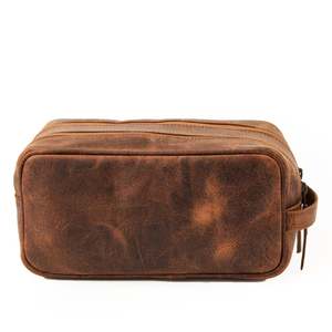 Vintage Leather Toiletry Bag with Zipper Closure Medium Size Soft Handle Durable Cosmetic <b>Case</b> for Travel - Product Image 2