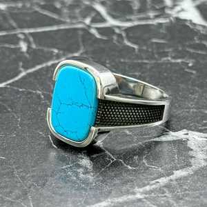 Handmade Mens <b>Turquoise</b> <b>Ring</b> Vintage Minimalist Sterling Silver Statement Jewelry Blue Stone Inlay 18K Perfect Gift for Him - Product Image 1