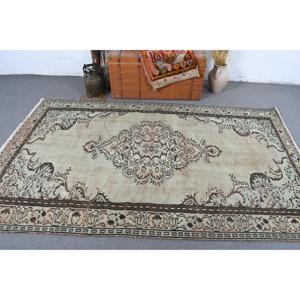 Turkish Vintage Large Rug 5.3x8.3 ft, <b>Brown</b> Gray Check <b>Wool</b> Rug - Product Image 3