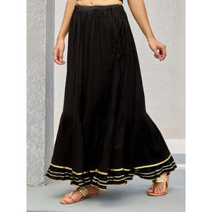 Black Mulmul Gota <b>Skirt</b> <b>with</b> <b>Elastic</b> <b>Waist</b> Breathable Corduroy Formal Work Style - Product Image 3