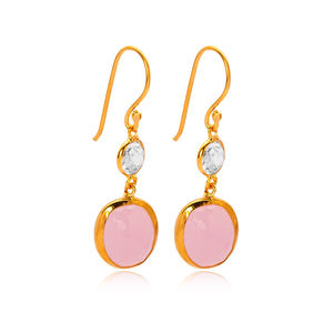 Boucles d'oreilles en forme ovale de quartz fumé rose, serties de pierres, avec fermoir en or 22 carats, fabrication artisanale turque, bijoux en argent sterling 925 - Product Image 1