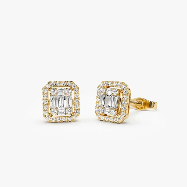 Baguette und runde Diamant ohrringe mit Halo-Einstellung aus 14 Karat massivem Gold Zierliche minimale geometrische Ohr stecker aus reinem Gold
