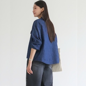 เสื้อยีนส์ลายสก๊อตเอวกลางเอวหลวมของผู้หญิง, เสื้อคอปกสองชั้นแขนยาวระบายอากาศสำหรับฤดูร้อนแบบลำลอง - Product Image 1
