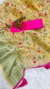 Bollywood Beautiful Soft <b>Organza</b> <b>Silk</b> Multi Color Sari Woven Border and All Over Multi Color Heavy Embroidery Work - Product Image 3