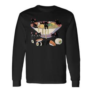 T-Shirt a Maniche Lunghe con Gatto Giapponese che Mangia Ramen e Sushi, Personalizzabile, Promozionale - Product Image 1