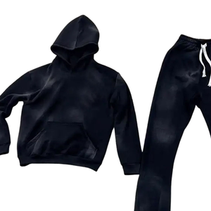 Ensemble survêtement à capuche noir délavé à l'acide pour homme, sweat-shirt en molleton vintage, pantalon de jogging droit, streetwear minimaliste, hiver - Product Image 4