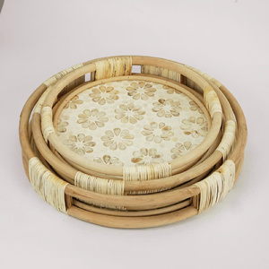 Plateau en rotin multifonctionnel personnalisable avec incrustations de nacre et base en bois, diamètre 50 cm, hauteur 10 cm, pour rangement domestique - Product Image 3