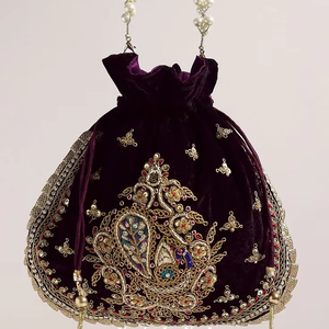 2025 elegantes bolsos de noche Potli de terciopelo exquisitos adornos de boda con bordado a mano Dabka perlas cuentas de vidrio Material de seda - Product Image 1