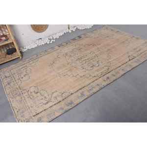 Alfombra de lana turca Vintage Beige y azul, diseño de retales de tejido plano de 4,4x8,1 pies para decoraciones de sala de estar con respaldo de látex - Product Image 2