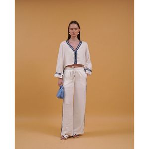 Camisa de Lino para Mujer TOPSHOW con Detalle de Rayas Vaqueras - Blusa de Algodón y Poliéster al por Mayor para Uso Casual - Product Image 2