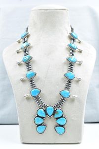 Kingman Turquoise Squash Blossom Necklace In Sterling <b>Silver</b> With <b>20</b> <b>Inch</b> Adjustable <b>Chain</b> Handmade Jewelry - Product Image 4