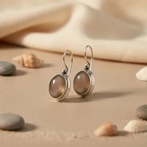 Boucles d'oreilles ovales en pierre pour femmes, en argent 925, cadeau tendance - Product Image 3