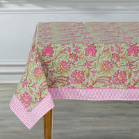 Nappe indienne en coton imprimé bloc floral fait à la main vert pistache et rose pastèque rectangulaire pour mariage ou repas