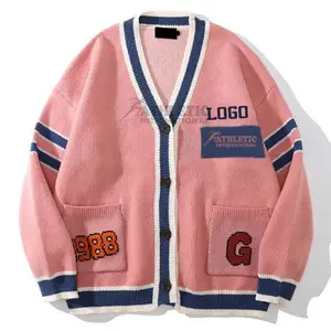 Pink Color Striped Cardigan Letter Men Clothing Embroidery Printed Cotton Wool Breathable Sweater Long Sleeve Knitted Cardigans