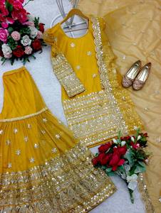 Tennecy Chinnon nuevo bordado pesado secuencia trabajo seda Sharara traje paquistaní Palazzo vestido de novia con exportación mundial - Product Image 3