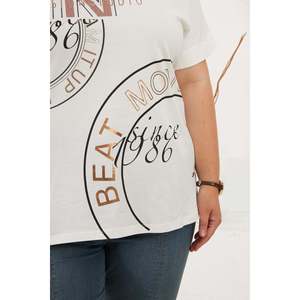 RMG <b>Beat</b> Move Plus Size Printed Cotton <b>T</b>-<b>Shirt</b> for Women - Comfortable Ecru Oversized Knit Top - Product Image 2