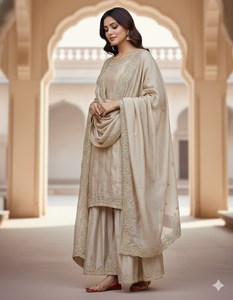 Conjunto de Salwar Kameez de Seda con Bordado Beige para Mujer, Incluye Dupatta, Ropa India y Pakistaní Estilo Bollywood - Product Image 3