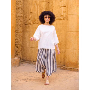 Ensemble haut en tricot de coton Kira - Style décontracté à rayures et carreaux, coupe ample, col à nœud, style streetwear d'été - Product Image 2