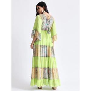 Vestido Largo Estampado Verde Lima para Mujer, Cuello en V, Cintura Imperio, Vestido Largo con Mangas, Estilo Bohemio Étnico, Vestido de Verano - Product Image 4