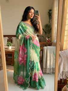 Collection de saris indiens en soie Teby pure et douce pour femmes, avec bordure lourde brodée à la main et ornée de perles, en stock - Product Image 4