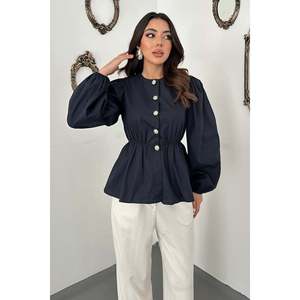Chemisier bleu marine avec taille élastiquée et manches ballon - Bleu marine - Product Image 1