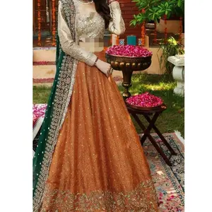 Specchi in lamina d'oro di design indiano pakistano Lehnga Gold Net Lehnga Party Wear Choli vestito di vendita caldo 2022