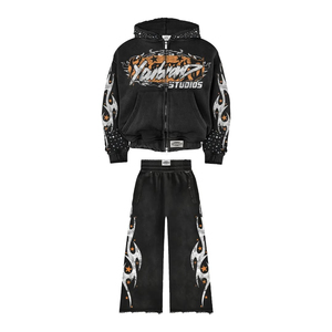 2025 Wholesale sweat suit jogging suits women 100%cotton zip <b>up</b> hoodie and flare sweatpants distressed Mens hoodies for <b>Boys</b> - Product Image 1