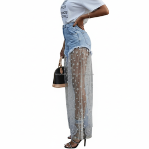 Pantalones Acampanados de Mezclilla Y2K para Mujer, Casuales, Transpirables, con Lentejuelas de Estrellas, Malla y Parches, de Cintura Alta, Lavado de Color, con Tul Transparente, Estilo Urbano - Product Image 1