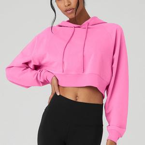 Women Cropped <b>Hoodie</b> Solid Color Long Sleeve Pullover Casual Hooded Top Lightweight Streetwear Fashion <b>Pink</b> Sweatshirt - Product Image 4