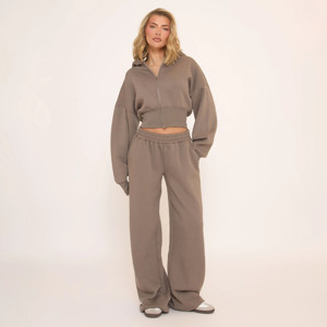 Nouveauté, ensemble de survêtement 2 pièces taille basse pour femmes, gris, à capuche et pantalon de survêtement, ensemble de survêtement 2 pièces pour femmes sur toute la longueur - Product Image 1