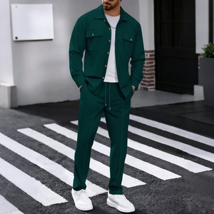 Men’s Waffle Knit Two-Piece Set European & American Style Autumn Outfit <b>Long</b> Sleeve <b>Cardigan</b> & Pants, Solid Color Workwear with - Product Image 5