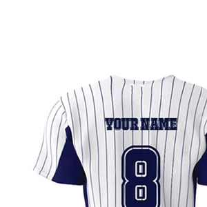Maillot de baseball personnalisé blanc et bleu marine à rayures, imprimé par sublimation, respirant, manches courtes, unisexe, adulte, coupe classique, boutons sur le devant - Product Image 6