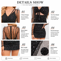 Robe mini en maille transparente à manches longues pour femme, noire, pailletée, col en V, style moulant froncé, vente en gros OEM ODM