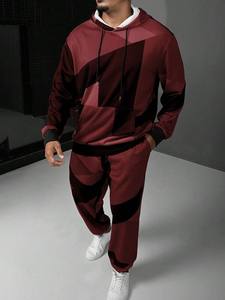 Survêtement à capuche zippé pour homme, motif géométrique bordeaux, colorblock, avec pantalon assorti, vente en gros OEM ODM - Product Image 2