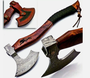 Hache de guerre en acier damas de qualité industrielle Thewizcrafts avec manche en bois de rose et étui en cuir pour une utilisation en survie - Product Image 3
