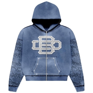 Sweat-shirt à capuche avec fermeture éclair pour hommes, brodé avec appliques, lavé à l'acide, personnalisé de haute qualité, OEM et ODM, vente en gros - Product Image 5