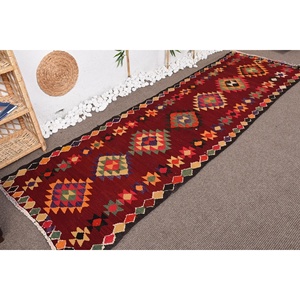 Vintage 3.1x9.5 ft Rug, Herki Turkish Rug, <b>Red</b> Camouflage <b>Wool</b> Rug - Product Image 4