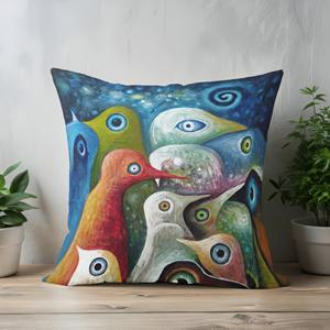 Coussin imprimé moderne avec oiseaux abstraits bleus, coussin décoratif au ciel étoilé surréaliste, 12"x24" - 30x60 cm - Product Image 3