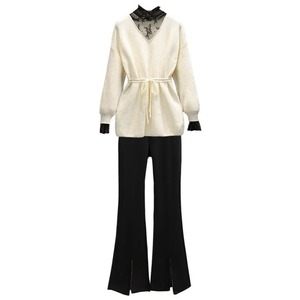 Primavera y otoño nuevo conjunto de pantalones elegantes para mujer suéter de encaje Sexy suéter pantalones negros conjunto de dos piezas chándal femenino - Product Image 3