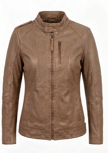 Custom Women Light Brown Mud color Sheep Nappa Leather Moto Biker Jacket Antique Brass Hardware Tassel Zipper <b>Puller</b> Slim Fit - Product Image 1