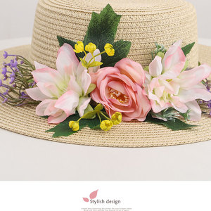 <span class=keywords><strong>Chapeau</strong></span> de paille bohème à grandes fleurs, style français à calotte plate, avec ruban floral rose, pour femme, idéal pour la plage, les vacances et les centres de villégiature de luxe, Sombrero - Product Image 6