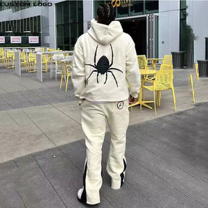 Sweat à capuche en coton imprimé OEM avec bord à ourlet brut, pantalon patchwork, survêtement pour hommes, survêtement épais, empilé, évasé, ensembles de jogging deux pièces pour hommes - Product Image 3