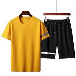 Ensemble de sport d'été pour homme, deux pièces, manches courtes et short, vêtements vintage, surdimensionné, respirant, en coton - Product Image 1