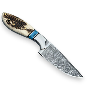Cuchillo Skinner de Hoja Fija de Acero de Damasco con Mango de Turquesa y Asta de Ciervo, Funda de Cuero, Espiga Completa, para Caza y Camping, OEM - Product Image 2