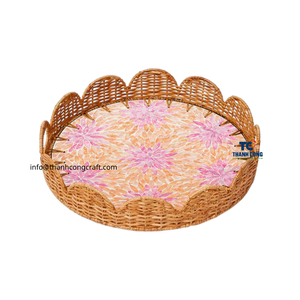 Plateau rond en rotin du Vietnam à prix d'usine avec surface incrustée de nacre en coquille de Capiz pour la décoration intérieure et l'utilisation de cadeaux - Product Image 1