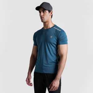 T-shirt de course 100% polyester en bleu sarcelle foncé, compressé et doux, avec impression par sublimation et sérigraphie - Product Image 3